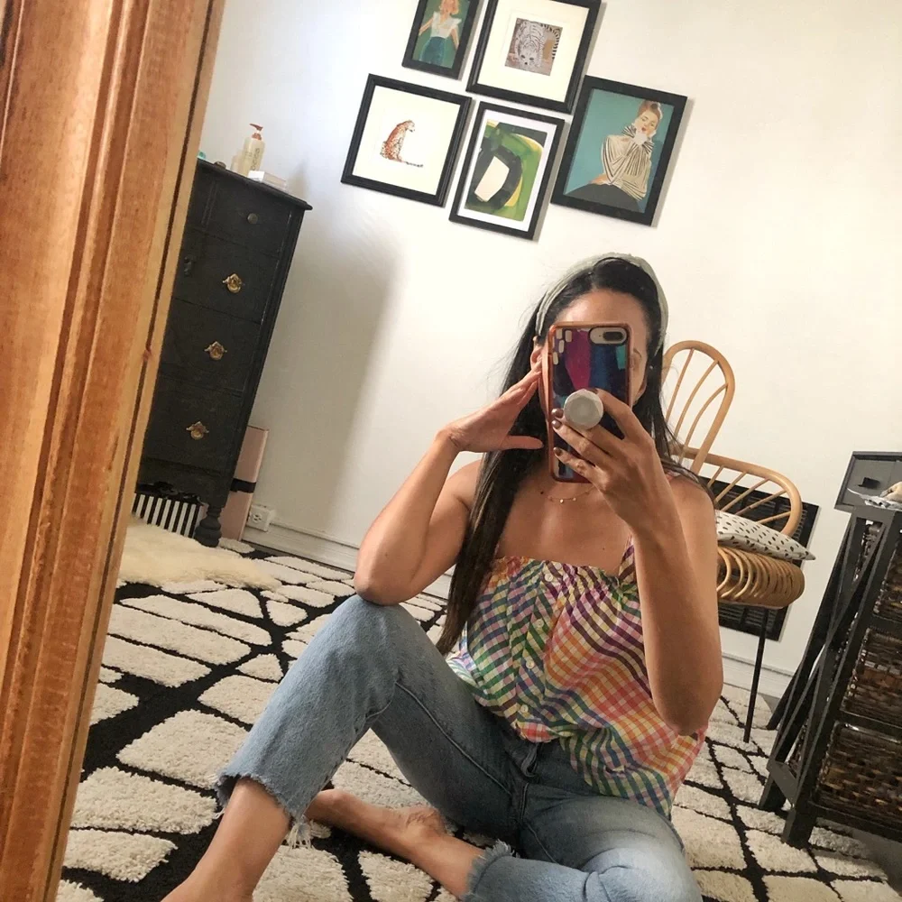 JCREW Multicolor Plaid Gingham Sleeveless Button Top